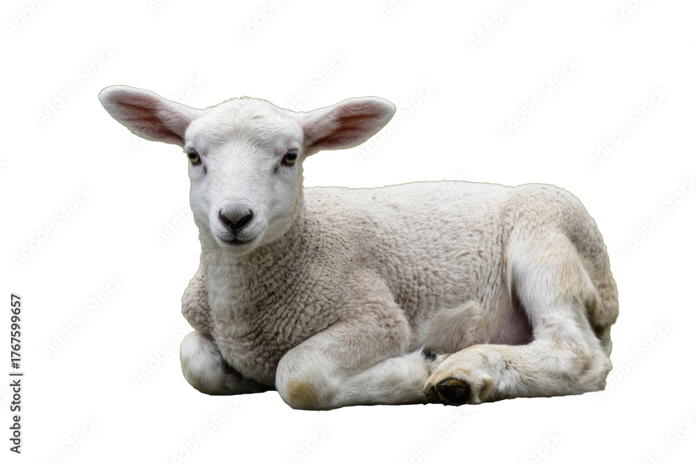 Fototapeta premium An adorable fluffy white lamb with soft wool lies peacefully, gazing forward. Young farm animal isolated on transparent background. background removed