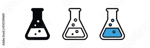 flask chemistry vial icon on white background Black silhouette flat icon outline icon and colored icon style. three minimal vector icon style