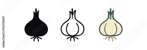 garlic bulb root icon on white background Black silhouette flat icon outline icon and colored icon style. three minimal vector icon style