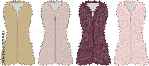Collection of stylish sleeveless faux fur vests in diverse colors. Features a shaggy texture and front zipper, ideal for fashion design and modern apparel concepts