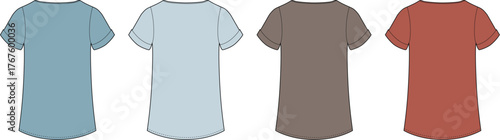 Four different colored t-shirt designs. Blue, light blue, brown and red t-shirt front and back views