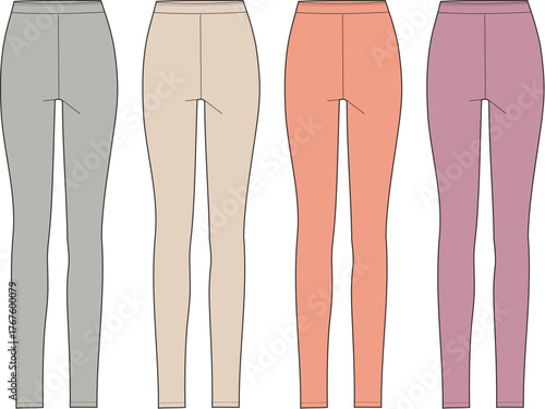 Women's leggings fashion flat technical sketch. A collection of four colorful casual trousers from the back view, isolated vector template for clothing design