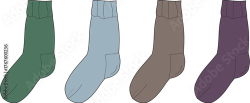 Colorful lineup of essential hosiery, showcasing four distinct plain ankle socks in a palette of green, blue, brown, and purple, suitable for diverse casual wear and everyday comfort