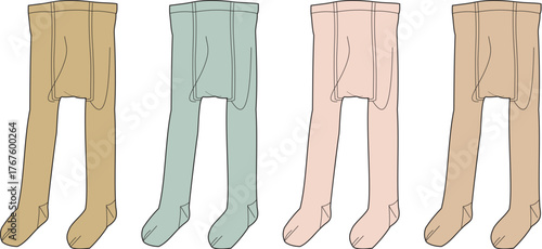 A collection of colorful children's tights presented as a technical flat sketch. This apparel design template is a vector illustration for baby and toddler fashion