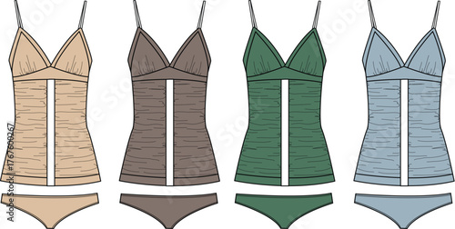 Women's camisole and panties lingerie set in multiple colorways. Fashion technical flat sketch illustration for apparel design and clothing production. Sleepwear template vector collection