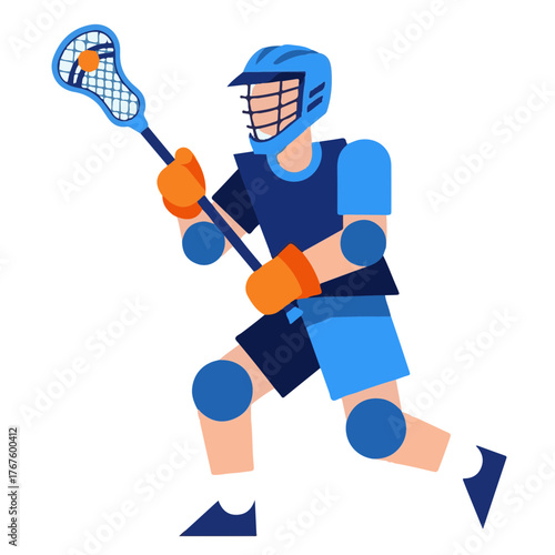 Lacrosse Player with Stick and Ball - Flat Vector Illustration of Athlete in Action