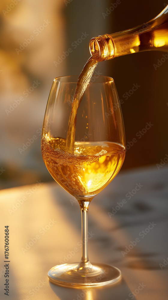 Obraz premium Golden white wine poured into glass sunset lighting warm glow celebration evening drinks refreshment