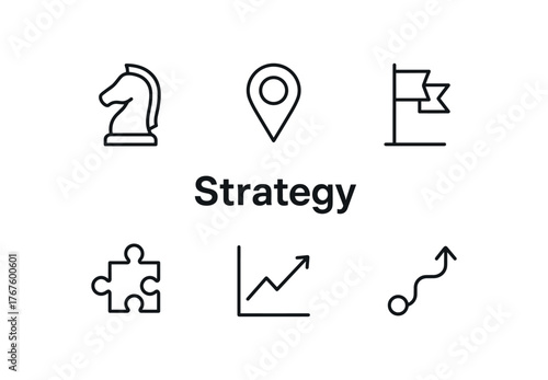 outline vector icon 6 isolated on white background minimal black monochrome style flat vector icon illustration central bold title text Strategy surrounding icons: chess knight map pin goal