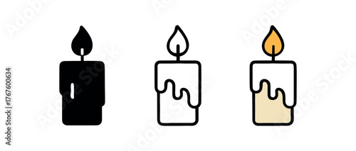 candle wax flame icon on white background Black silhouette flat icon outline icon and colored icon style. three minimal vector icon style