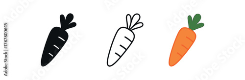 carrot root veggie icon on white background Black silhouette flat icon outline icon and colored icon style. three minimal vector icon style