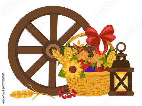 Wagon wheel, oil lamp, and large festive harvest basket filled with pumpkins and autumn vegetables. Ideal for Thanksgiving design, banners, and cards.