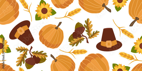 Festive seamless pattern with pumpkins, wheat ears, sunflowers, acorns and pilgrim hat. Cozy autumn background for Thanksgiving design, textile, wrapping paper and seasonal decor.