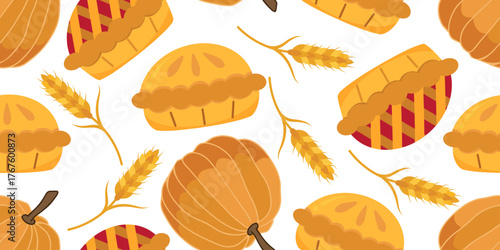 Autumn seamless pattern with wheat ears, pumpkins and festive pies. Cozy seasonal design for fall decoration, fabric, packaging, Thanksgiving backgrounds and rustic print projects.