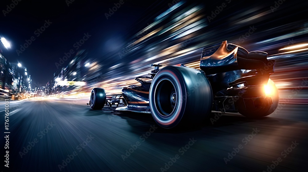 Obraz premium Formula 1 race car speeding on city track at night