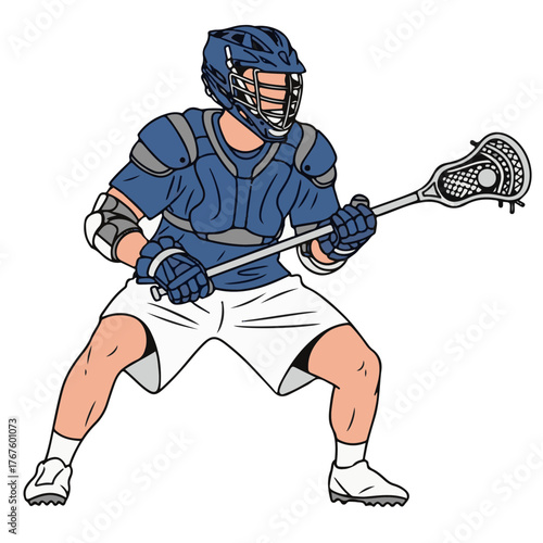 Lacrosse player in full protective gear holding a stick, ready for action. Sports athlete illustration.