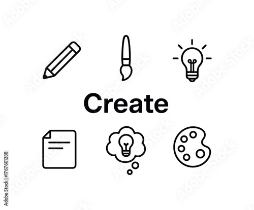 outline vector icon 6 isolated on white background minimal black monochrome style flat vector icon illustration central bold title text Create surrounding icons: pencil paintbrush light