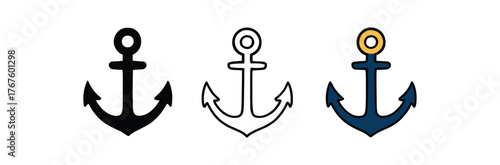 anchor curved shank icon on white background Black silhouette flat icon outline icon and colored icon style. three minimal vector icon style