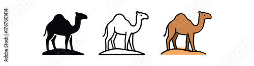 camel desert shape icon on white background Black silhouette flat icon outline icon and colored icon style. three minimal vector icon style