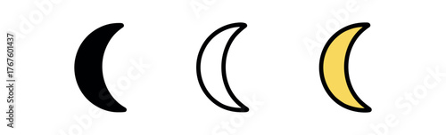 moon half crescent icon on white background Black silhouette flat icon outline icon and colored icon style. three minimal vector icon style