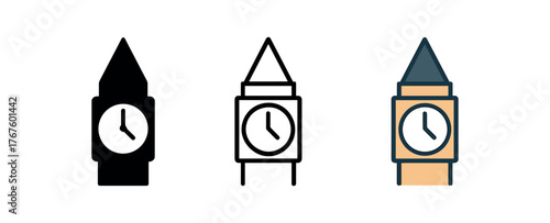 clock tower face icon on white background Black silhouette flat icon outline icon and colored icon style. three minimal vector icon style