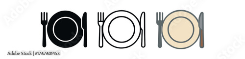 plate dinner round icon on white background Black silhouette flat icon outline icon and colored icon style. three minimal vector icon style