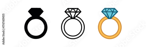 ring diamond band icon on white background Black silhouette flat icon outline icon and colored icon style. three minimal vector icon style