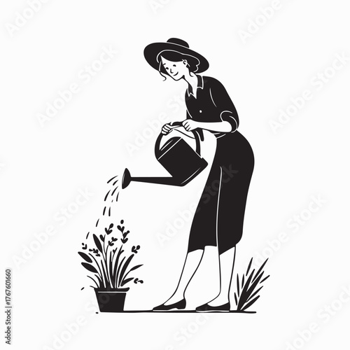 Smiling Female Gardener Caring for Seedlings with Watering Can