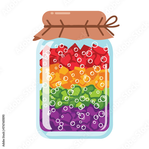 A jar filled with colorful, chopped vegetables in rainbow order.