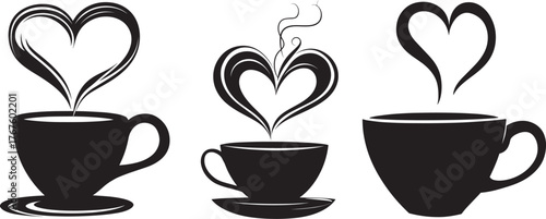 Black Silhouette of Coffee Cup With Steam Forming Heart Set Vector