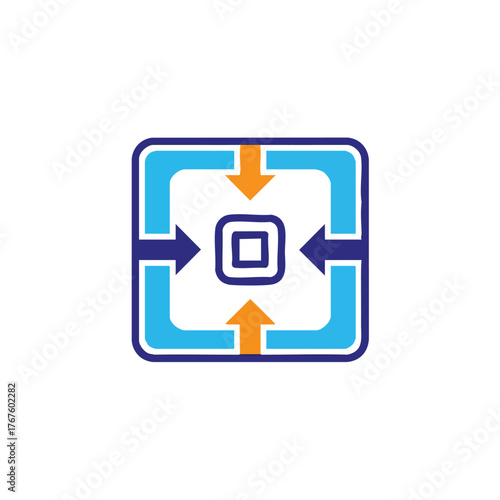 Arrows pointing ind tods a central square within a larger square.