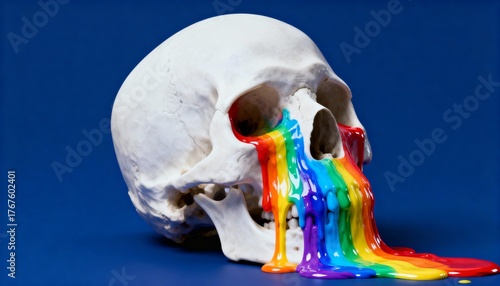 A studio shot of a skull with rainbow paint dripping from the eye sock