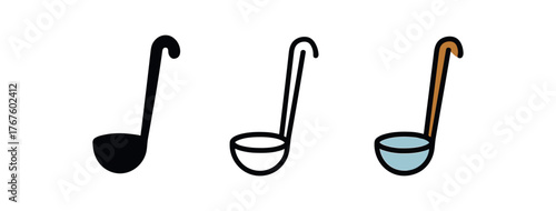 spoon small ladle icon on white background Black silhouette flat icon outline icon and colored icon style. three minimal vector icon style