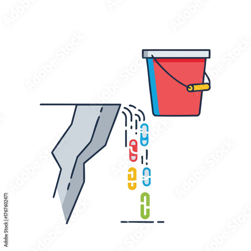 A bucket pours digital links down a cliff.