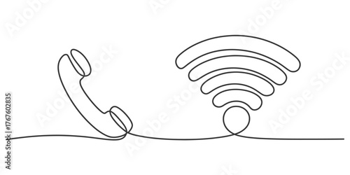 Continuous line drawing of a vintage telephone handset connecting to a wi-fi signal symbol vector