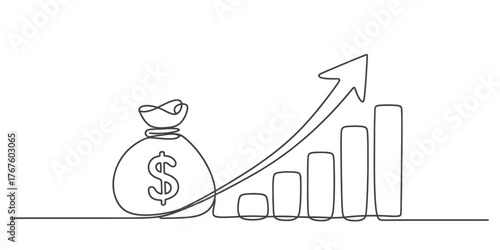 Continuous one line drawing of a money bag and an upward trending bar chart with an arrow symbolizing growth vector