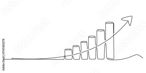 Abstract continuous line drawing illustrating upward trend bar chart with ascending arrow vector