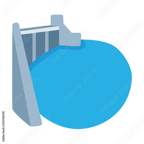 Stylized of a dam holding back a large body of water.