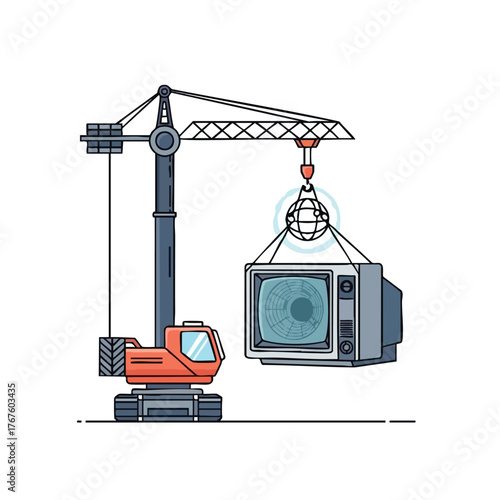 Crane lifting an old television set with a digital globe.