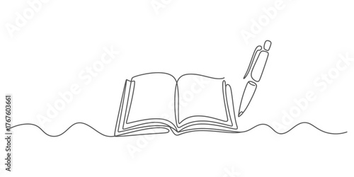 Elegant single line drawing of an open book and quill pen symbolizing creativity and learning vector
