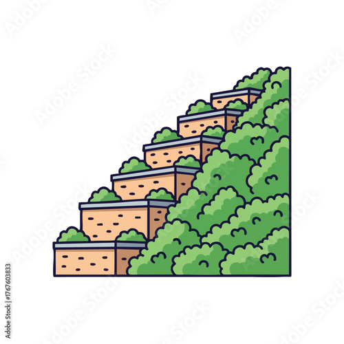 A stylized of stepped terraces with lush green foliage.
