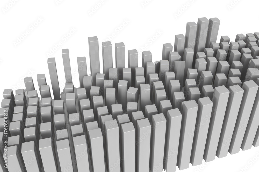 Obraz premium Abstract 3D bar graph with varying grey rectangular pillars on a solid transparent background, suggesting data visualization or an equalizer pattern. background removed