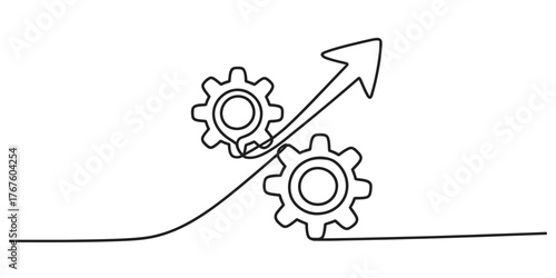 Continuous single line drawing depicting gears in motion with an upward trending arrow symbolizing progress and success vector