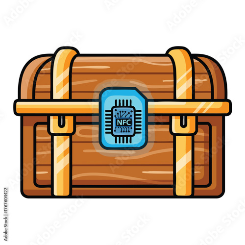 A treasure chest with an NFC chip, symbolizing digital security and data storage.