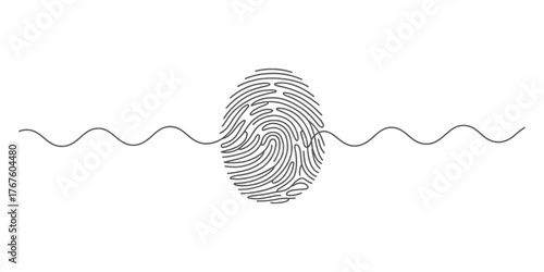 Continuous single line drawing of a wavy pattern intersecting a fingerprint symbol vector