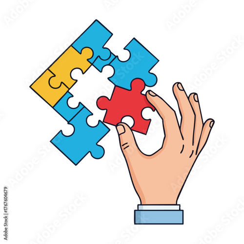 A hand places a red puzzle piece into a partially completed puzzle.
