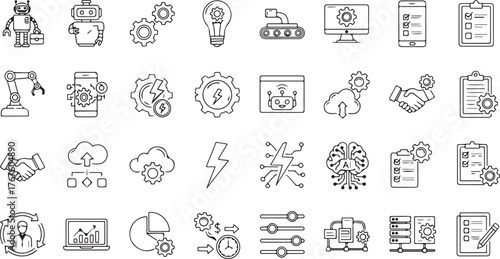 Business Automation Line Icon Set, Vector Pictograms of Chatbot, Cloud, Computing, Process, Optimization, Digital, Intelligence, Checklist, Analysis, Thin Linear Illustration