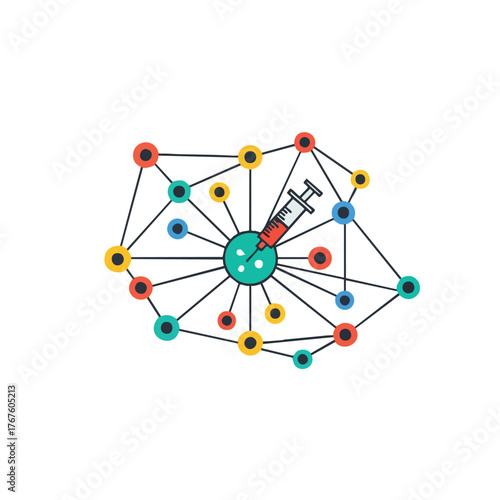 A syringe injects fluid into a central node of a colorful network.