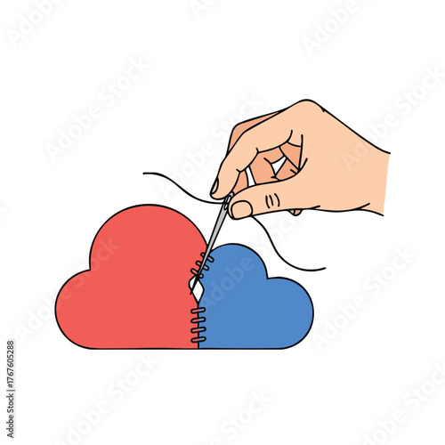 A hand stitches together two clouds, symbolizing repair.