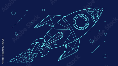 Abstract digital rocket launching into space with technology blue background, conveying sense of innovation and exploration
