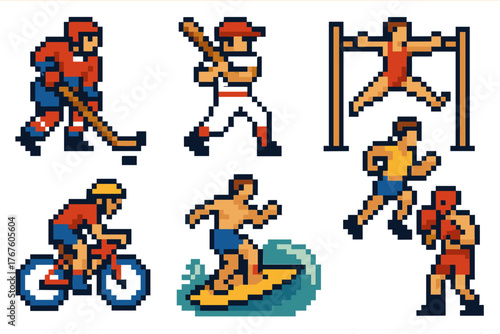 8 pixel art characters in 8-bit style on a white background. Theme — various sports in a retro gaming format.